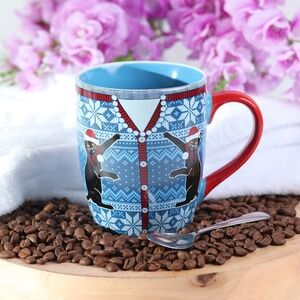 Hazel & Co Ugly Christmas Sweater Cat Mug Blue Red Ceramic Holiday Coffee Cup